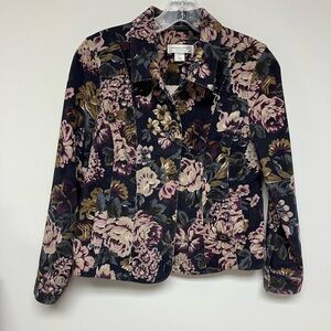 Christopher & Banks Floral Blazer, navy background, with Pink, Green, Gold, SP.